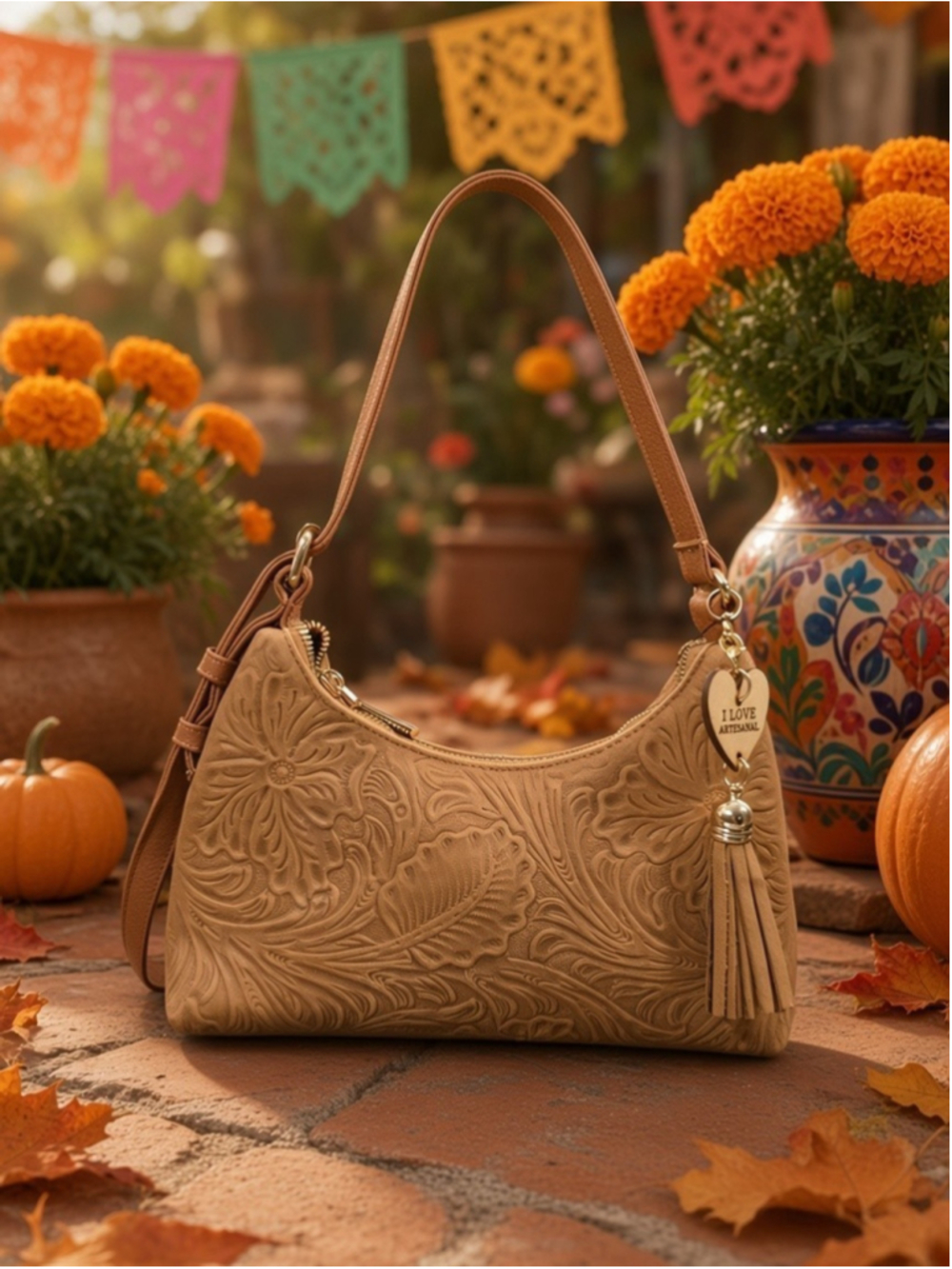Autumn Caramel Brown Floral Embossed Tooled Artisan LEATHER Shoulder Bag Purse